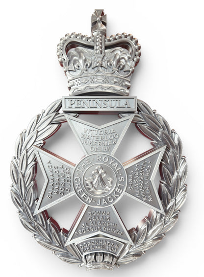 Royal Green Jackets 3D Printed Cap Badge Silver XL - Precision Military Emblems