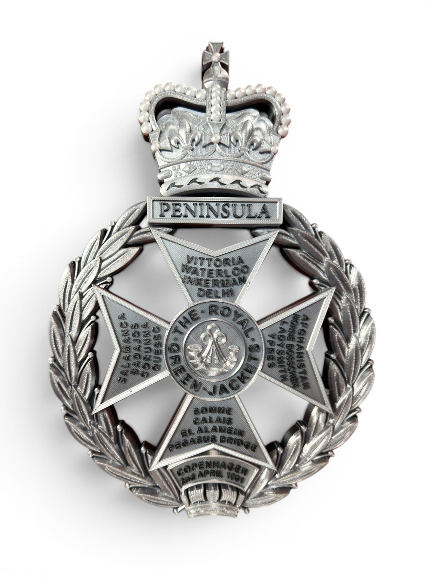 Royal Green Jackets 3D Printed Cap Badge Silver and Black - Precision Military Emblems