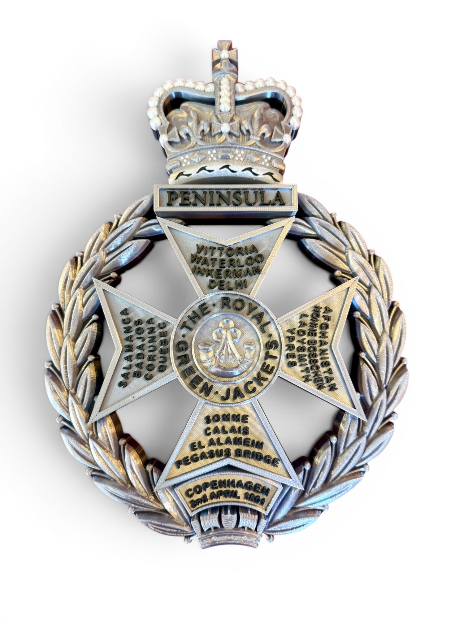 Royal Green Jackets 3D Printed Cap Badge Silver and Black - Precision Military Emblems
