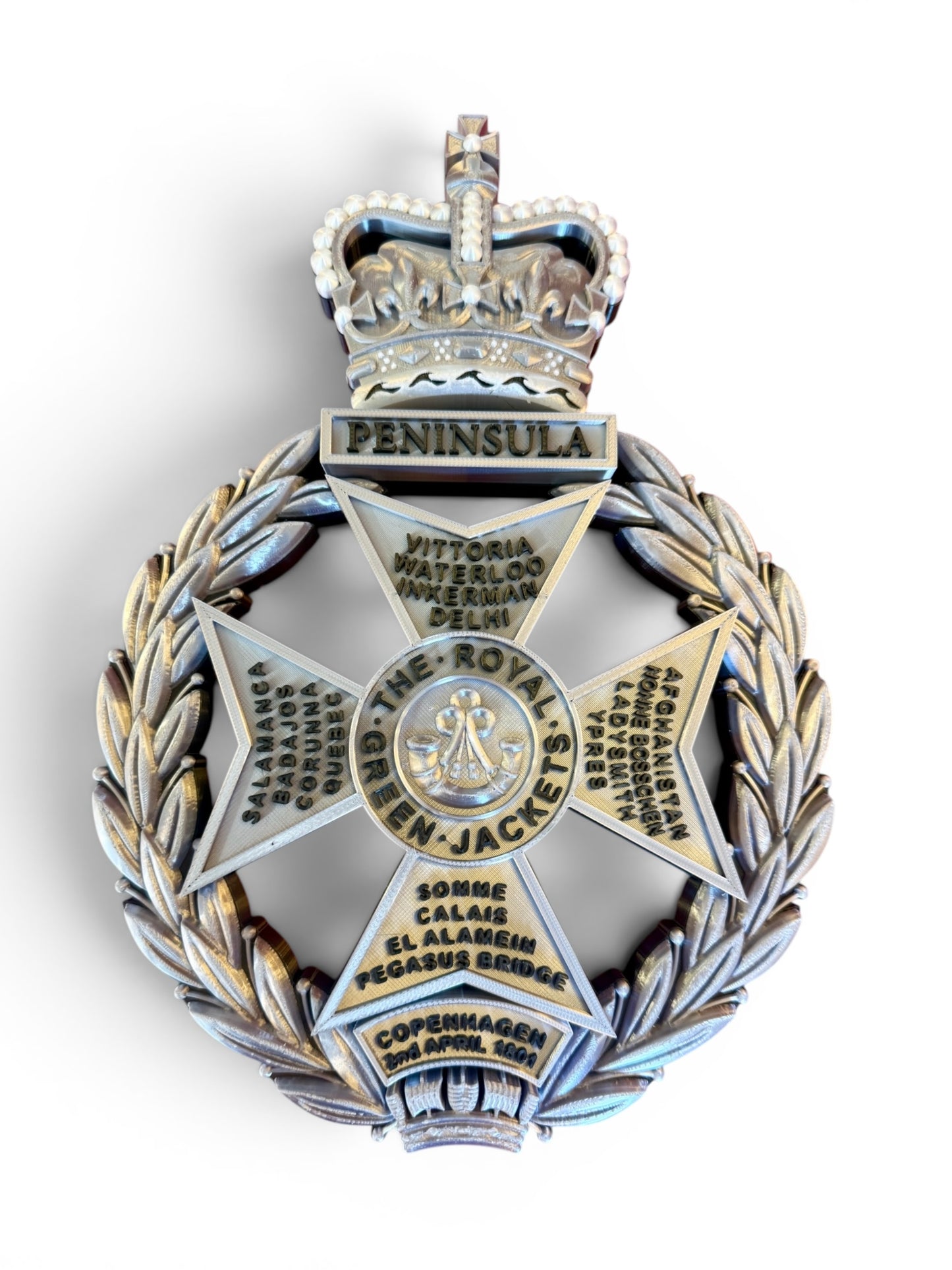 Royal Green Jackets 3D Printed Cap Badge Silver and Black - Precision Military Emblems